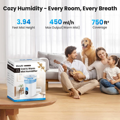 Humidifiers for Bedroom Large Room -GloryAir 6L Cool & Warm Mist Humidifier | Top Fill Design, Smart Humidity Control, Remote, 7-Color Light, Whisper-Quiet, Essential Oil Diffuser for Home & Plants,White