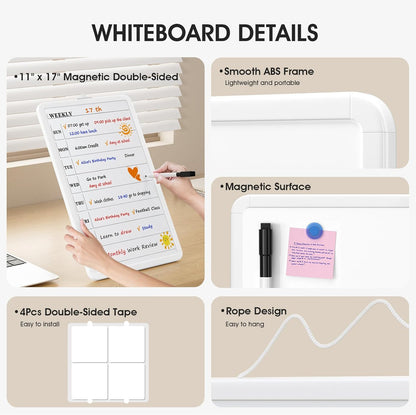 MaxGear Weekly Dry Erase Calendar Board, 11" x 17" Magnetic Whiteboard | Double-Sided Wall Planner: Weekly Calendar on One Side, Blank Whiteboard on The Other, Includes 3 Color Markers and Magnets