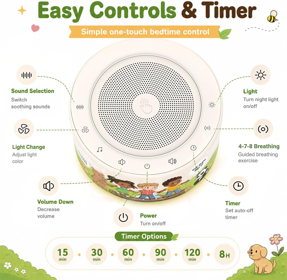 Kipcush White Noise Machine for Baby & Adults, 30 Soothing Sounds, Sleep Sound Machine with 8 Color Night Light, Memory Function, White Noise for Sleeping, Nursery, Office, Travel & Relaxation