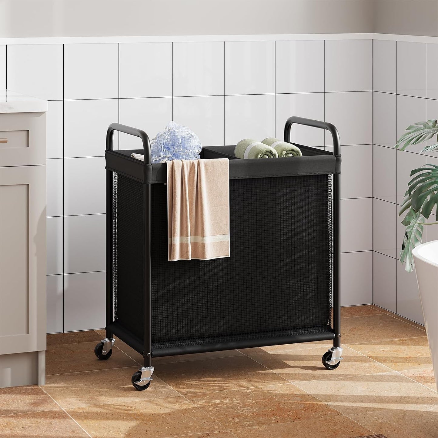 ELYKEN Laundry Hamper 2 Section, 100L Rolling Laundry Sorter with Wheels | Removable Washable Liner Bags, Sturdy Steel Frame and Metal Handle, Double Compartment Clothes Organizer for Laundry Sorting