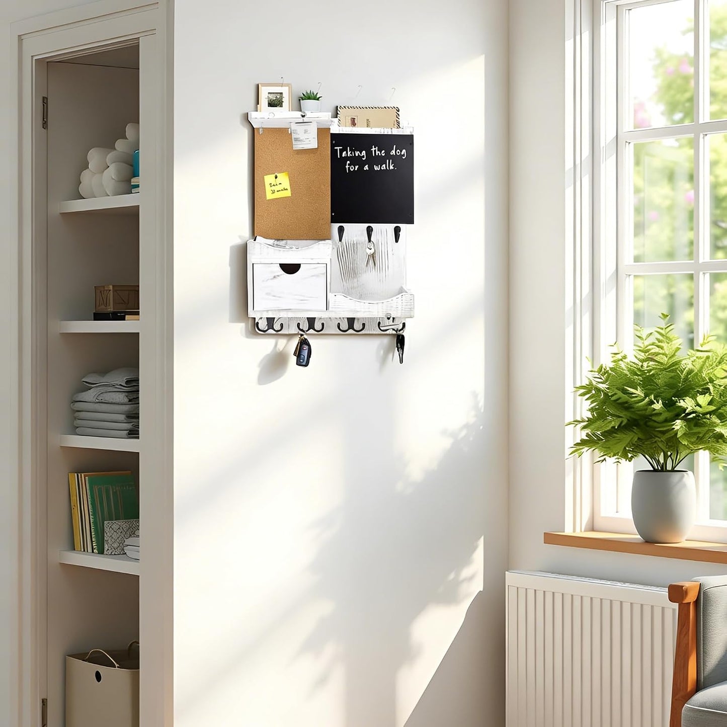 Key Holder for Wall Mount with Shelf and Mail Organizer, Key and Mail Holder with 16 Hooks, Farmhouse Entryway Organizer, Home Decor Rack (Pine Wood, White Washed)