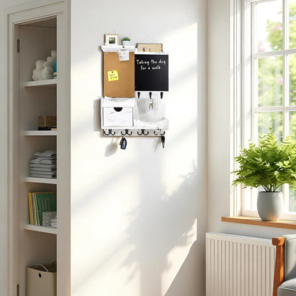 Key Holder for Wall Mount with Shelf and Mail Organizer, Key and Mail Holder with 16 Hooks, Farmhouse Entryway Organizer, Home Decor Rack (Pine Wood, White Washed)