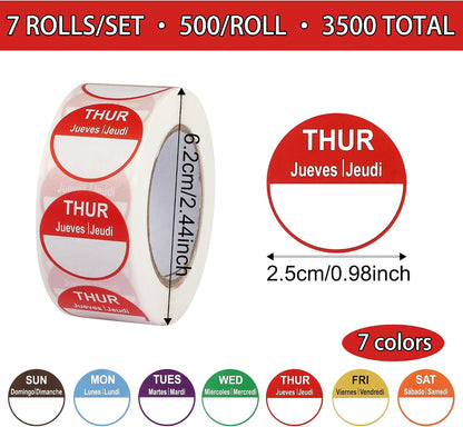 3500 Pcs 7 Rolls Removable Day Food Labels, 1'' Mon-Sun Weekly Date Stickers, Food and Restaurant Inventory Management Labels for Kitchen Containers & Meal Prep Self Adhesive Tri-lingual Labels