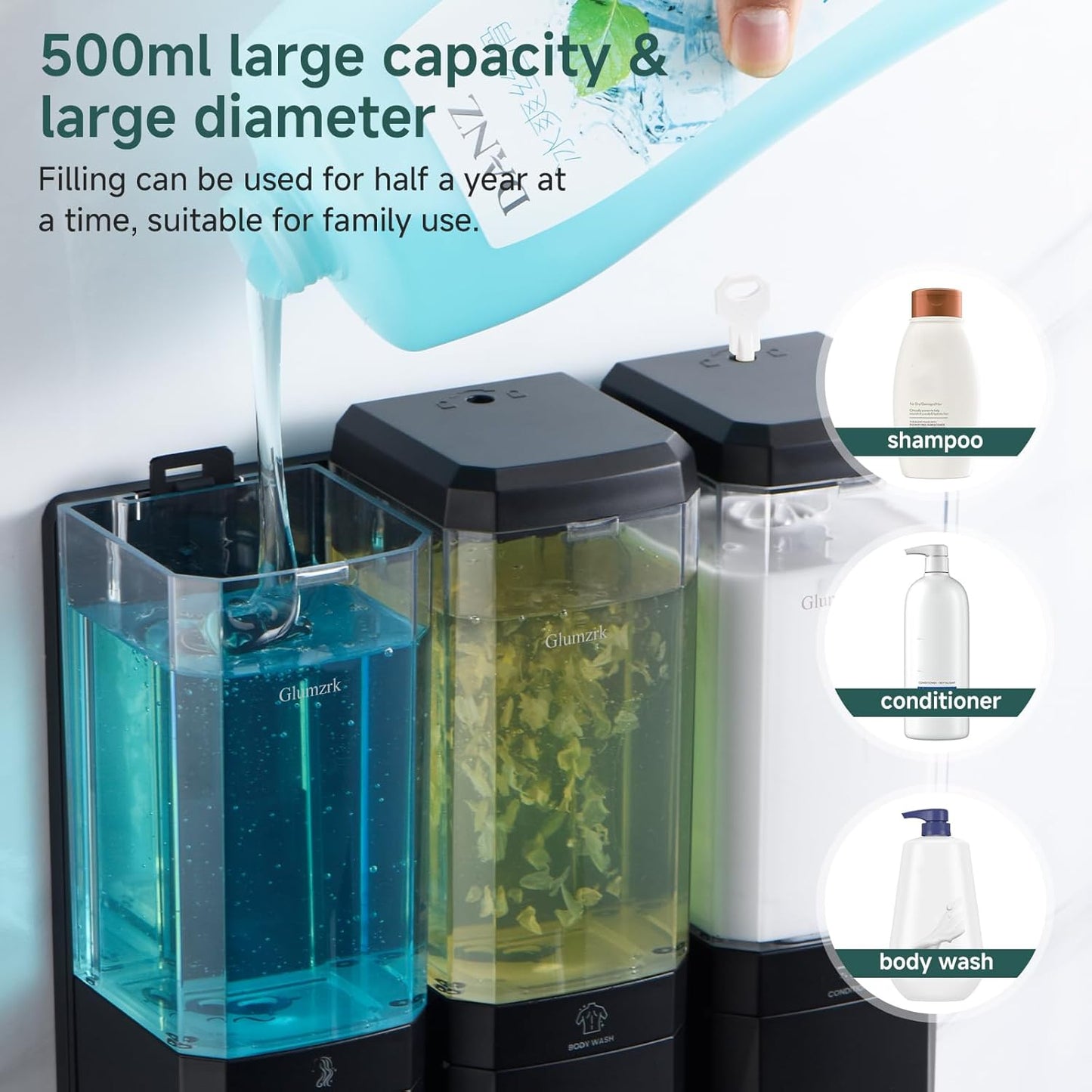 Shampoo and Conditioner Dispenser 3 Chamber No Drill Shampoo Dispenser for Shower Wall Mounted Shower Soap Dispenser 3 * 500ml Refillable Shower Dispenser for Bathroom Hotel(Black 3 Chamber)