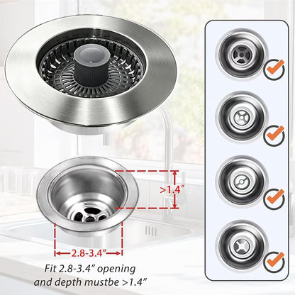 Anlige Kitchen Sink Drain Strainer, 3 in 1 Pop Up Kitchen Sink Stopper, with An Extra Basket Strainer, Universal for US Standard 3-1/2 Inch, Chrome Silver