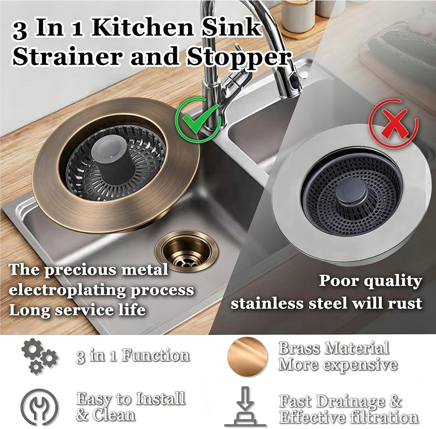 BAOLSLS 3 in 1 Kitchen Sink Stopper, Pop Up Kitchen Sink Drain Strainer | with An Extra Basket Strainer, Kitchen Sink Drain Stopper for US Standard 3-1/2 Inch, Chrome Silver