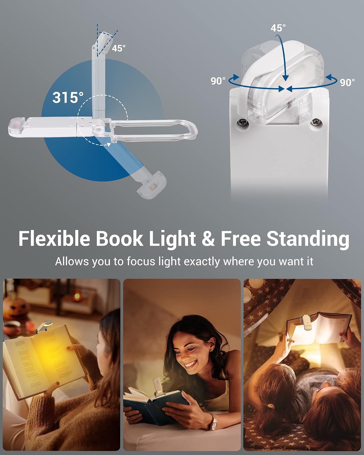 DEWENWILS Rechargeable Book Light for Reading in Bed, Warm White, Brightness Adjustable for Eye Care, LED Clip on Book Lights for Kids, Portable Bookmark Light, Yellow
