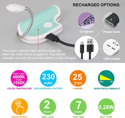 BIGMONAT Rechargeable Reading Light for Kids,Small Amber Book Reading Lights,Multi Colors Portable LED Reading Lamp with 360° Rotary Light Neck,Wireless Clip Reading Lighting for Books (Green)