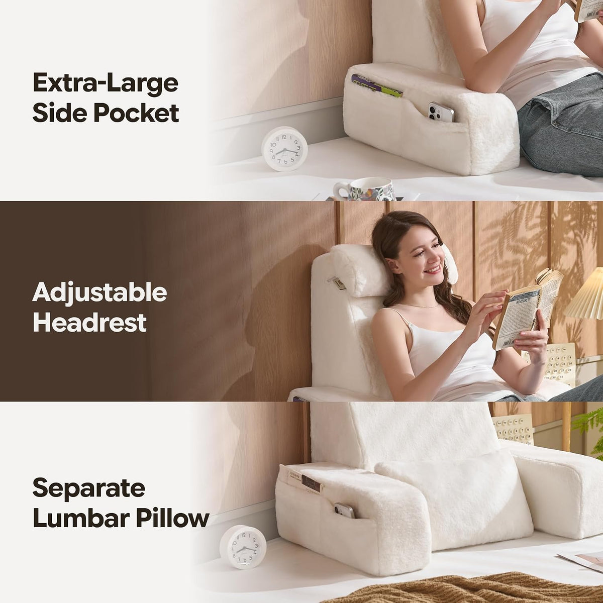 22" X-Large Reading Pillow for Bed Sitting Up with Sturdy Armrests & Supportive 60° Ergonomic Backrest Design for Reading, Gaming, TV & Relaxation