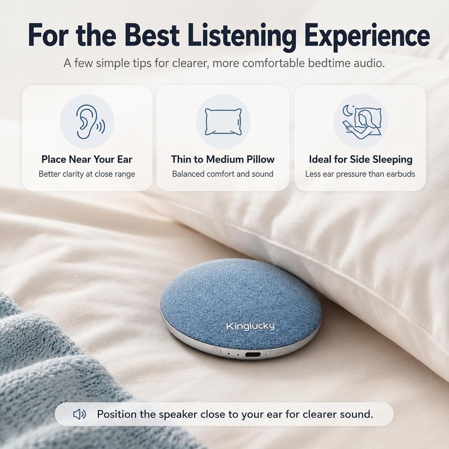 Kinglucky X50 Pillow Speaker for Sleeping, Built-in White Noise Sound Machine Pink Noise for Sleeping, Auto-Off Timer Portable Bluetooth Speaker Under Pillow Rechargeable for Side Sleeper, Blue