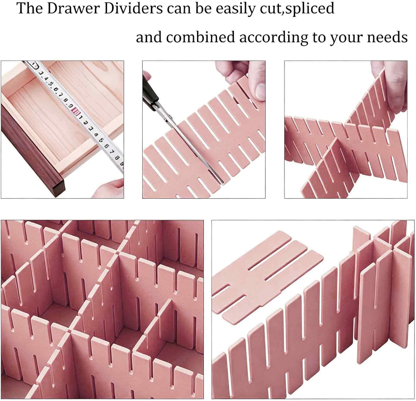 8PCS Adjustable Drawer Dividers Plastic Organizer Separator for Socks Underwear Lingerie Clothes Kitchen Bedroom Bathroom Office (Pink)