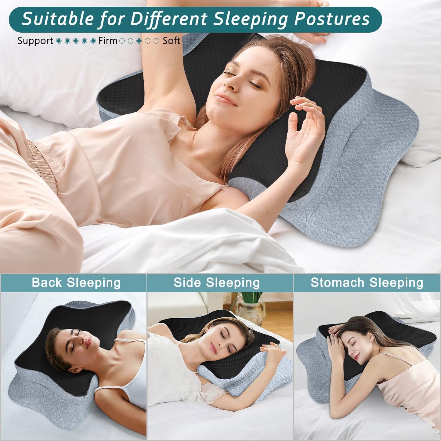 CHxxy Memory Foam Pillows, Cervical Pillow for Neck & Shoulder Pain Relief | Ergonomic Contour Bed Pillow, Soft for Side Sleep Stomach Sleeping and Back Sleeper-Queen Size&Grey