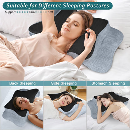 CHxxy Memory Foam Pillows, Cervical Pillow for Neck & Shoulder Pain Relief | Ergonomic Contour Bed Pillow, Soft for Side Sleep Stomach Sleeping and Back Sleeper-Queen Size&Grey