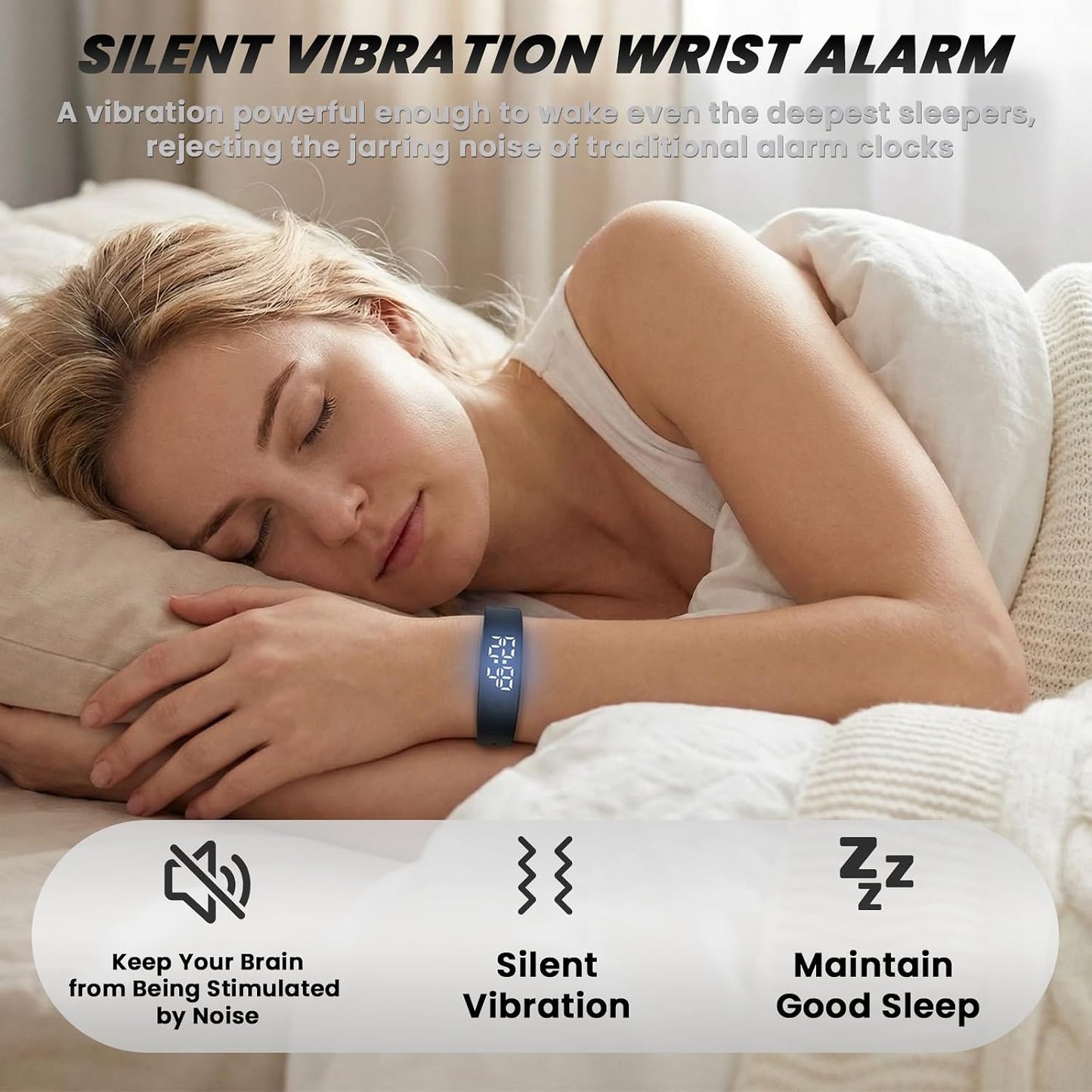 Vibrating Alarm Wristband Heavy Sleepers Adults Wrist Band Shock Clock Watch Bands for Deaf People Silent Bracelet Sleeper Wearable Bed Shaker Sleep Tracker Ring Watches Sleep Apnea (3pcs Black)