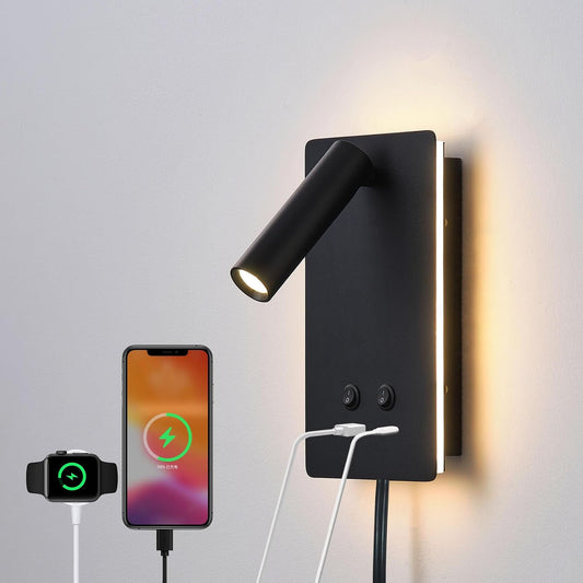 MOLUOLA LED Wall Lamp Wall Mounted Reading Lights, Adjustable Headboard Plug in Wall Sconce with USB C+A Ports, Headboard Bedside Lamp with 9W+3W Night Light 3000K (White)