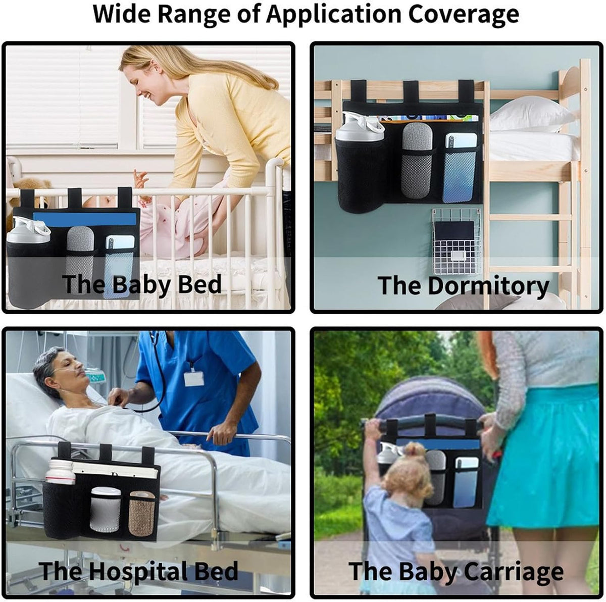 Buachois Hanging Bedside Caddy, Bedside Storage Organizer with 4 Pocket