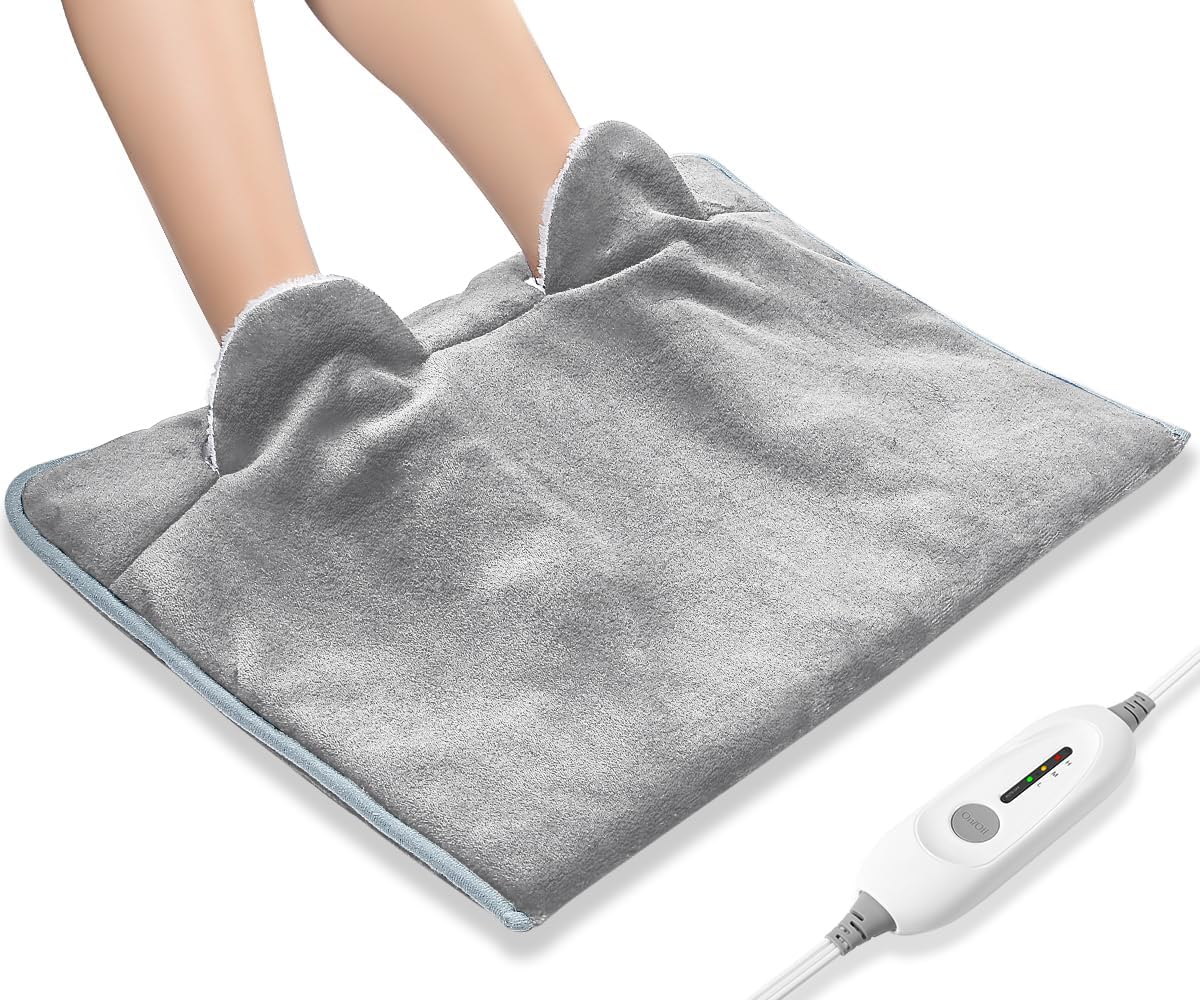 Electric Heated Foot Warmer Soft Flannel Foot Heater with 2h Auto Off & 3 Heat Levels Full Body Use Heating Pad for Feet, Abdomen, Cramps, Pain Relief Pocket Design 16" x 22" Light Grey