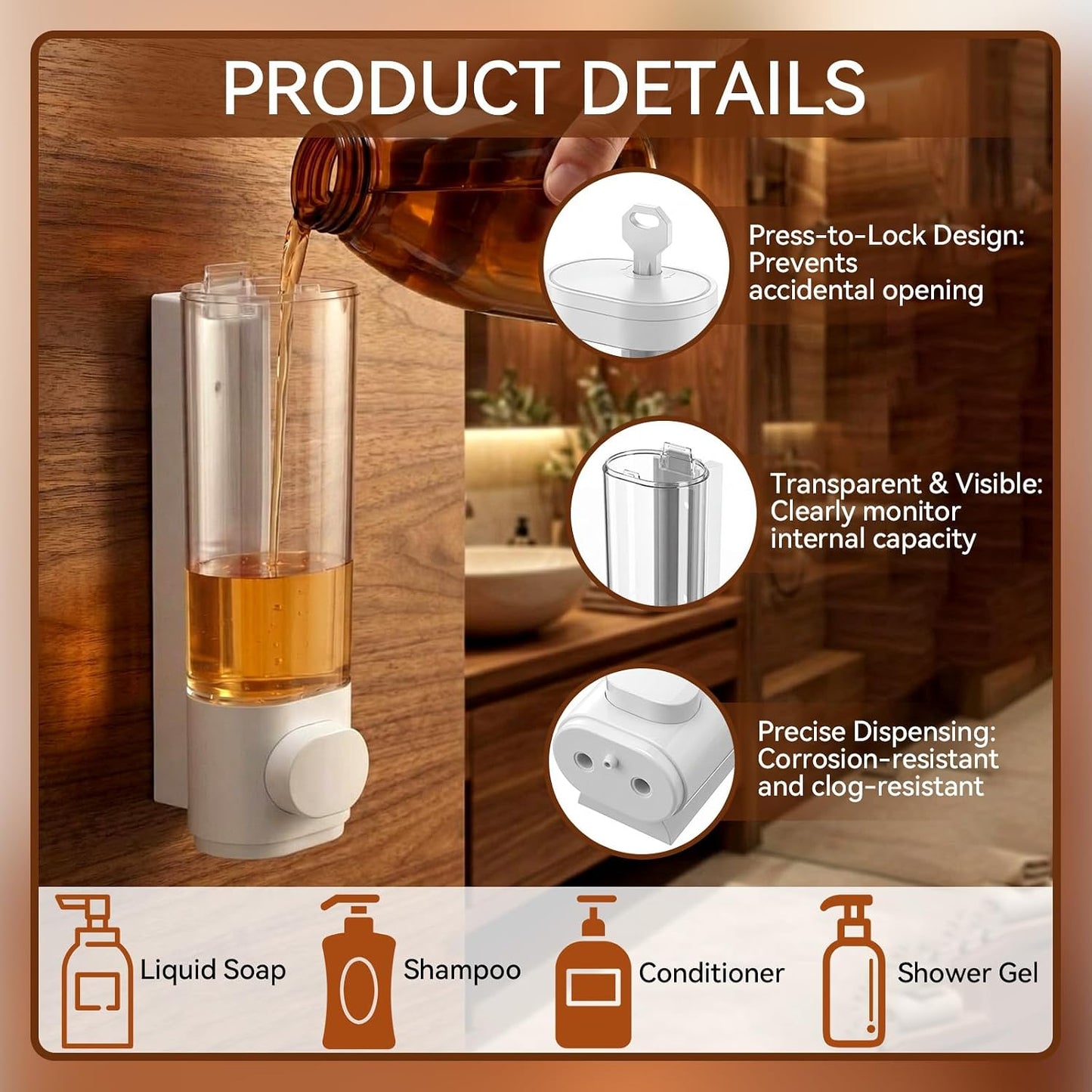 4 Pcs Manual Bathroom Wall Mounted Soap Dispenser, 300ml White Kitchen Bathroom Commercial Shower Clear Refillable Soap Dispenser Clear Plastic Refillable Liquid Lotion Pump and Organizer