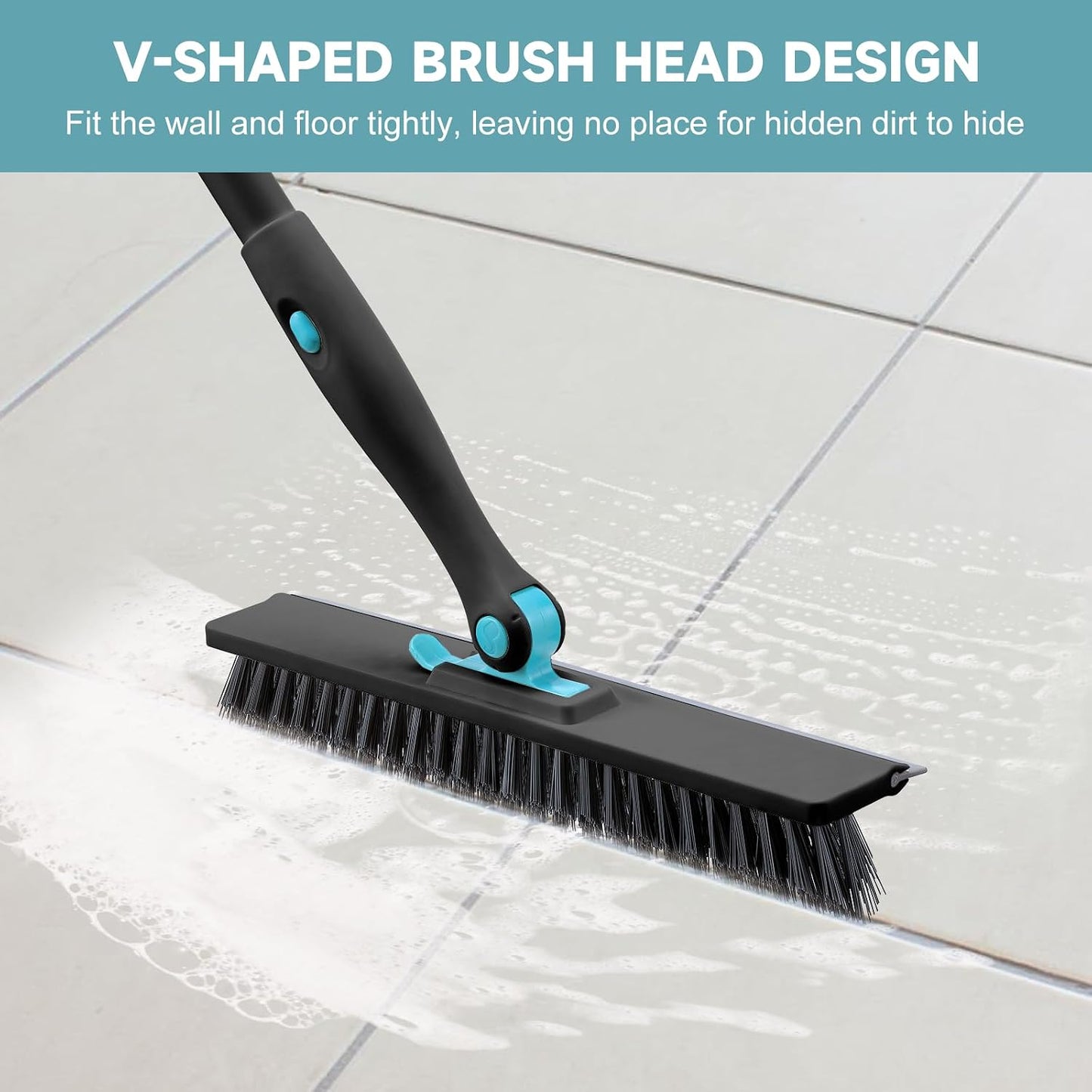 nacena Shower Scrubber with Long Handle, 4 in 1 Tile Tub Scrubber Brush with 3 Detachable Cleaning Heads and V-Shaped Grout Brush Shower Cleaner Brush for Bathroom Kitchen Toilet Tub Sink Wall, Black
