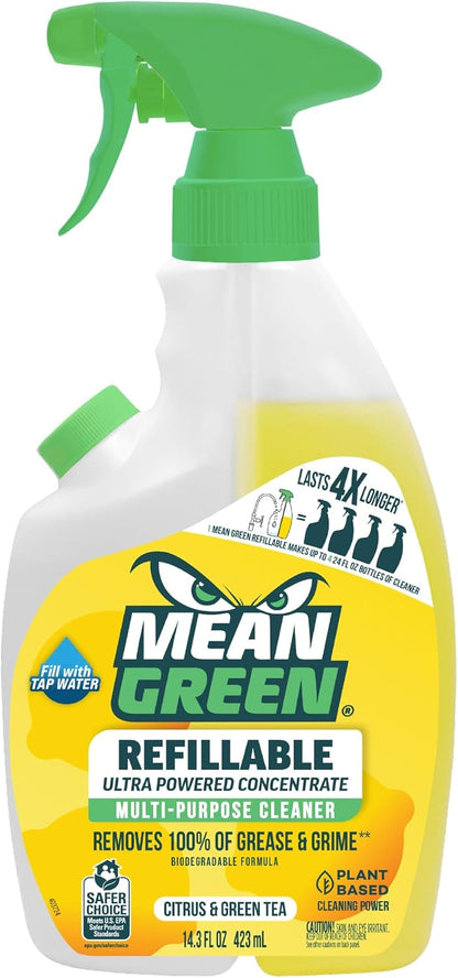 Mean Green Refillable Ultra Powered Multi-Purpose Cleaner Concentrate, Citrus & Green Tea, 14.3 fl oz – Plant & Mineral Based, Cuts Through Grease & Grime, Refillable Bottle Makes 4X Refills