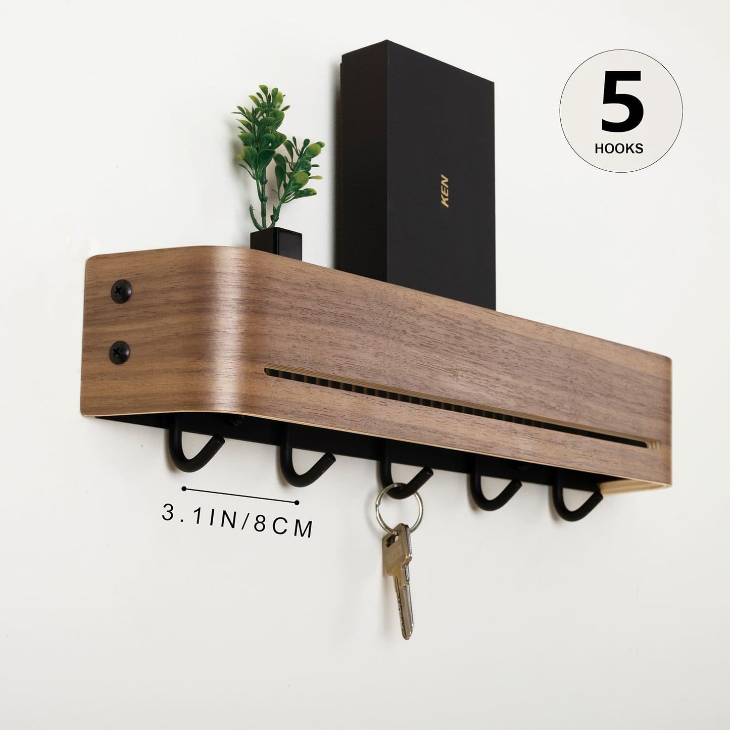 Key Holder Wall Mount with Shelf | 17 inch | Oak | 5 Retractable Hooks | Minimalist | Space-Saving | Modern Wall Coat Hooks | Wooden Key Rack for Entryway & Hallway