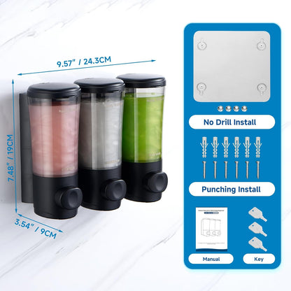 Shampoo and Conditioner Dispenser No Drill Shower Soap Dispenser Wall Mounted Shower Dispenser 3 Chamber with Upgrade Smooth Pump Head Bathroom Body Wash Soap Dispenser Set 450ml*3 Black
