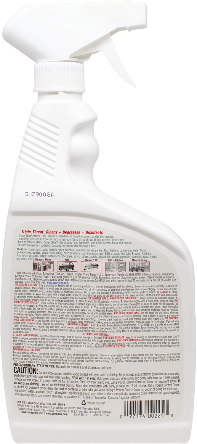 Spray Nine 26832 Heavy Duty Cleaner, Degreaser & Disinfectant for Kitchens, Bathrooms, Yard Equipment, Automotive & Industrial 32 Fl Oz. (Pack of 1)