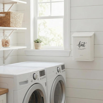 Perfnique Magnetic Lint Bin for Laundry Room with Lint Brush, Wall Mounted Lint Holder Trash can with lid for Dryer, Modern Farmhouse Rustic Metal Laundry Room Storage Organization and Decor(White)