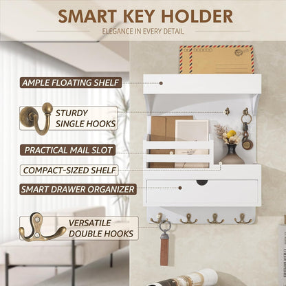 Rebee Vision Key Holder Wall Mount with Drawer Organizer for Entryway,Brown | Pine Wood, 6 Key Hooks, Display Shelf for Plants, Mail Slot for Storage Letter, Multi-Funtional Design, Home Storage