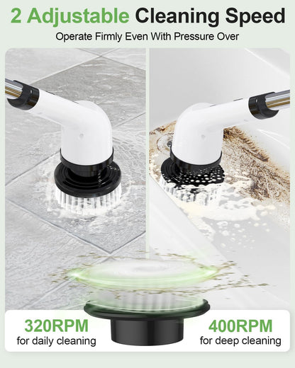 Cordless Electric Spin Scrubber, 8-in-1 Bathroom Cleaner | Bathroom scrubber, LED display, dual speeds, IPX7 waterproof, interchangeable heads for grout, tub, shower, wet-dry vacuum