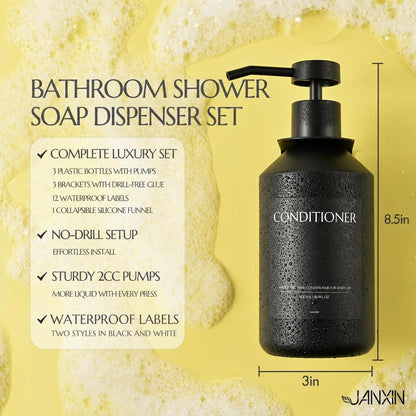 Shampoo and Conditioner Dispenser Set of 3 for Wall Mount | 16.9 fl oz Drill Free Shower Soap Bottles,Refillable Body Wash Dispensers for Bathroom Decor (Amber Bottles + Bamboo Pumps)