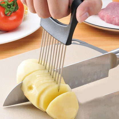 2Pcs Stainless Steel Onion Slicer Holder with Finger Guards, Multi-Purpose Fruit Vegetable Cutting Kitchen Tool