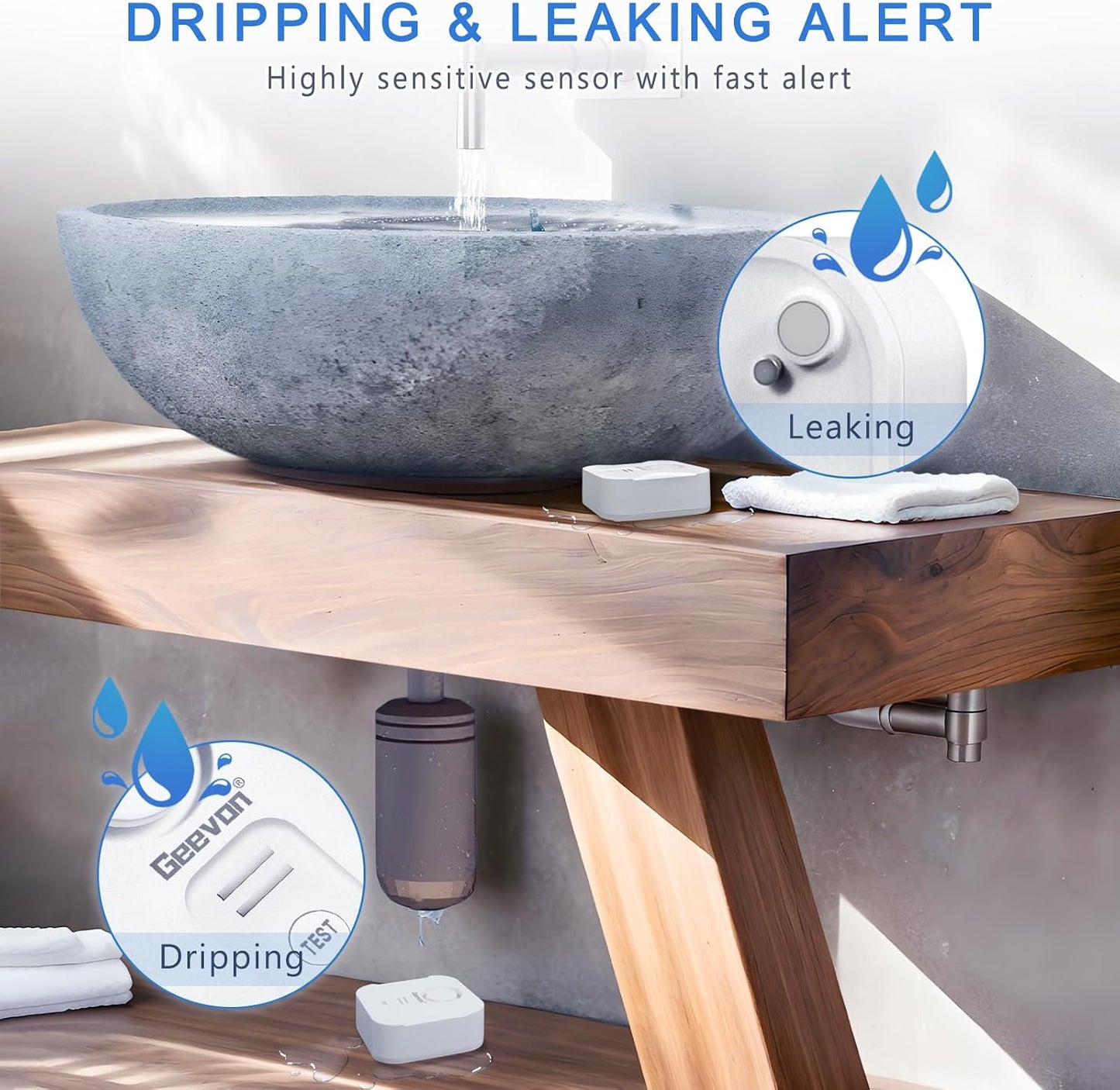 Geevon 100dB Water Leak Detectors for Home with Low Battery Alerts | 100dB Water Sensor Alarms for Basement,Bathroom,Laundry Room,Pipe/Drain/Sink/Faucet Drip Alert (Battery＆Screwdriver Included)