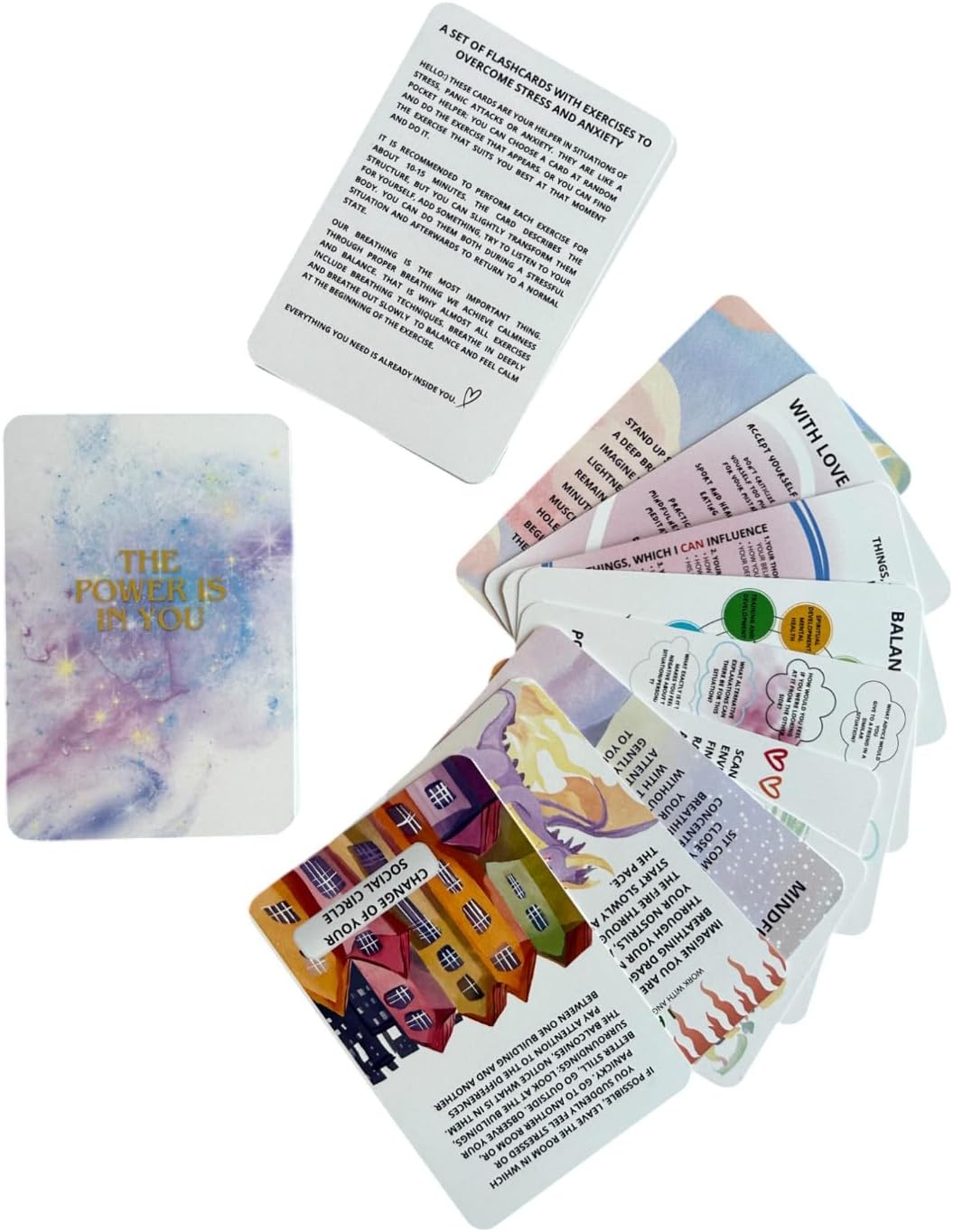 Panic Attack & Anxiety Relief Cards – 'The Power is in You' 46 - Card Deck with Grounding Exercises, Breathing Techniques & Stress Management Practices (English)
