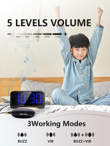 Mesqool Bed Shaker Alarm Clock for Heavy Sleepers, Extra Loud Vibration | Vibration & buzzer modes, dual alarms, snooze, USB charging, battery backup, brightness adjustment for teens & heavy sleepers