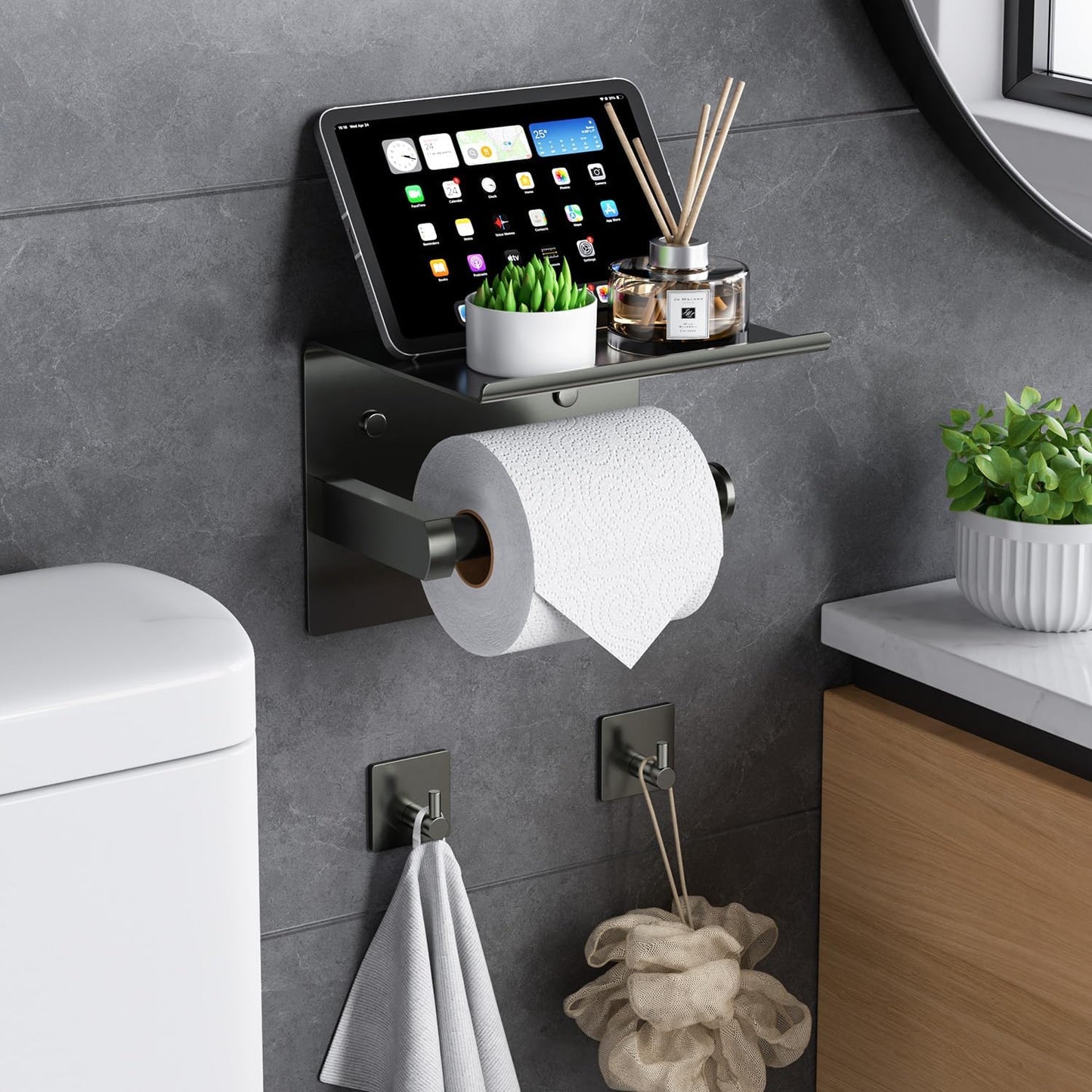 Tindbea Toilet Paper Holder Wall Mount + Towel Robe Hooks, Adhesive or Screw Wall Mounted Toilet Paper Roll Holder with Shelf, Stainless Steel Bathroom Organizers and Storage Kit (Brushed Gold)