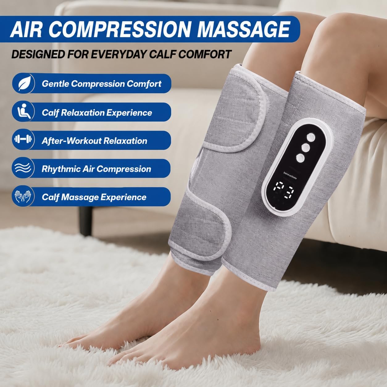 Air Compression Leg Massager, Cordless with Heat, 3 Modes & 3 Intensity Levels, Rechargeable Leg Compression Wraps for Calves and Arms, Portable Relaxation Gift for Home Use, Pair (Grey)