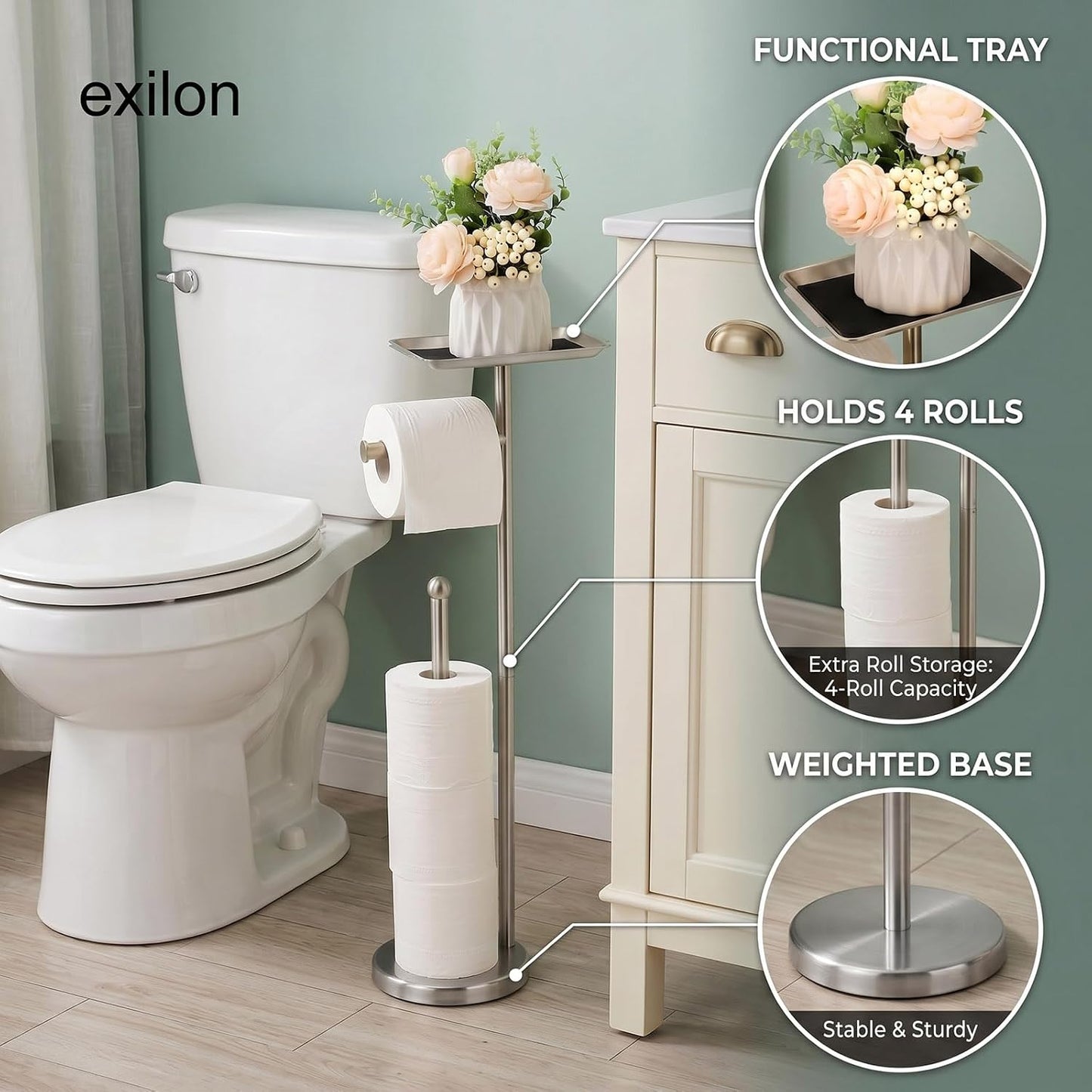 Exilon Toilet Paper Holder Stand for Bathroom Floor Freestanding Toilet Roll Dispenser Storages 4 Reserve Rolls, with Top Storage Shelf for Cell Phone (Brushed Nickel)