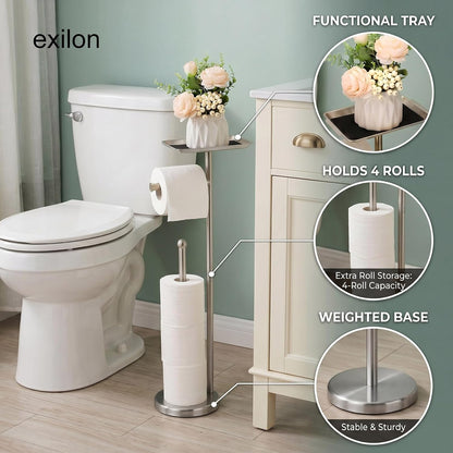 Exilon Toilet Paper Holder Stand for Bathroom Floor Freestanding Toilet Roll Dispenser Storages 4 Reserve Rolls, with Top Storage Shelf for Cell Phone (Brushed Nickel)