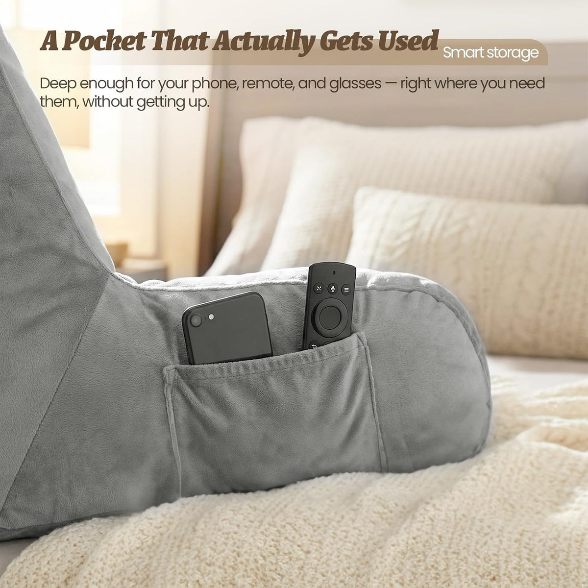 ACH Reading Pillow with Arms for Adults - Adjustable Memory Foam Bed Rest Pillow, Lumbar & Neck Back Support, Soft Velvet Cover Machine Washable, Deep Side Pocket & Carry Handle, Grey