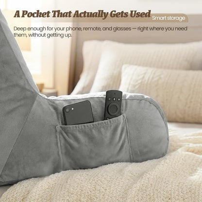 ACH Reading Pillow with Arms for Adults - Adjustable Memory Foam Bed Rest Pillow, Lumbar & Neck Back Support, Soft Velvet Cover Machine Washable, Deep Side Pocket & Carry Handle, Grey