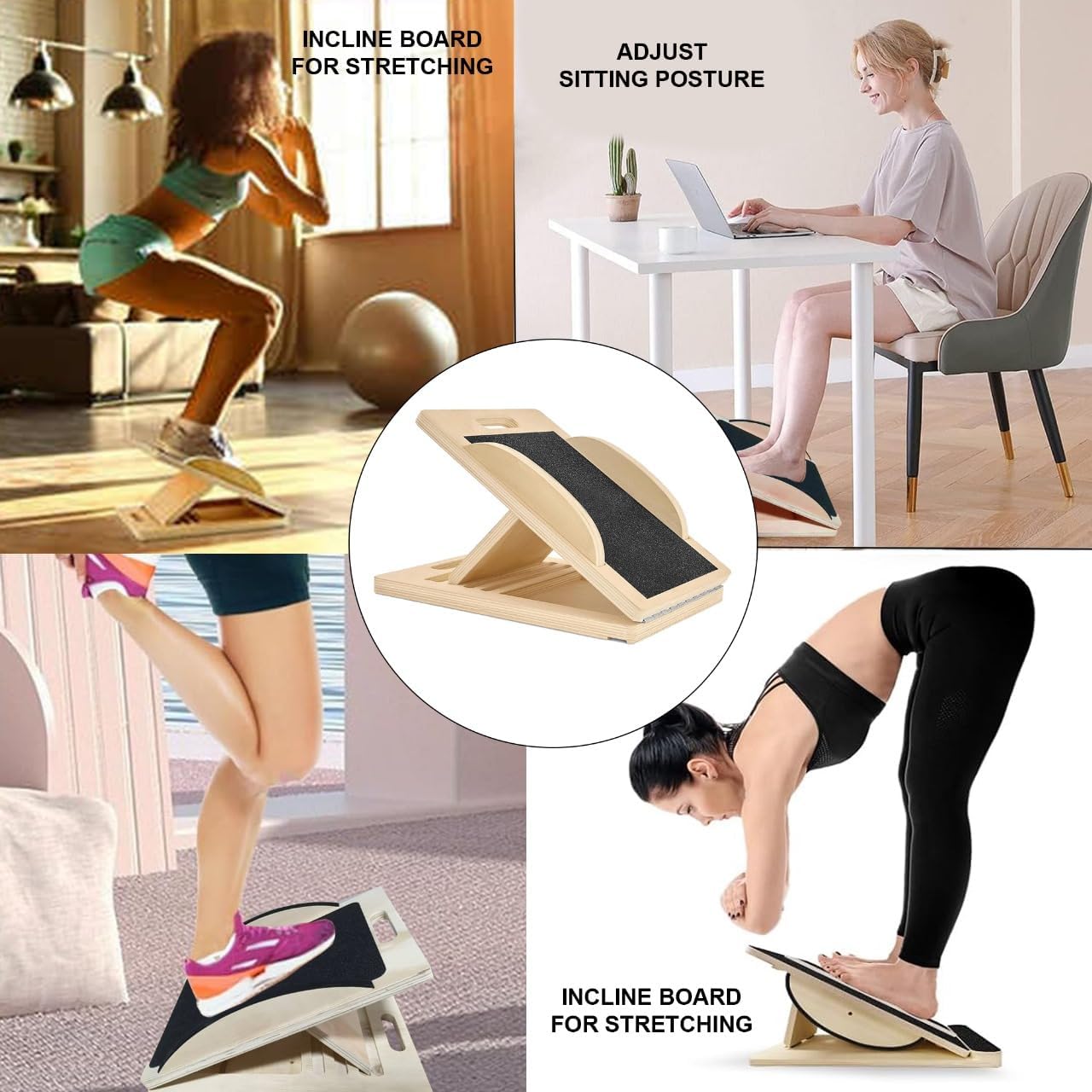 3-in-1 Portable Wooden Slant Board for Calf Stretching - Calf Stretcher & Incline Board Convertible to Balance Board + Resistance Band - 5 Angles, Anti-Slip Squat Wedge for Squats, Plantar Fasciitis, Achilles & Physical Therapy