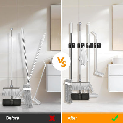 4 Pack Stainless Steel Mop and Broom Holder Wall Mount with Hook, Silver | Screw Drilling or Self Adhesive Storage Rack for Closet Laundry Garage Garden Tool Organizer