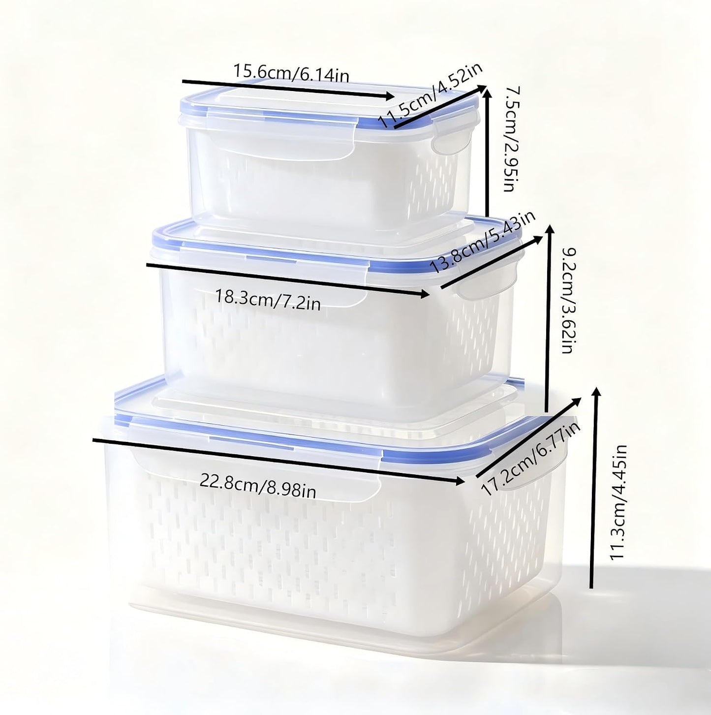 3-Pack Fresh Fruit Storage Containers for Fridge with Strainer & Drain Lid | Produce Keeper with Removable Colander, BPA-Free Plastic Crisper for Berries Vegetables Nuts, Fresh