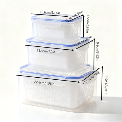 3-Pack Fresh Fruit Storage Containers for Fridge with Strainer & Drain Lid | Produce Keeper with Removable Colander, BPA-Free Plastic Crisper for Berries Vegetables Nuts, Fresh