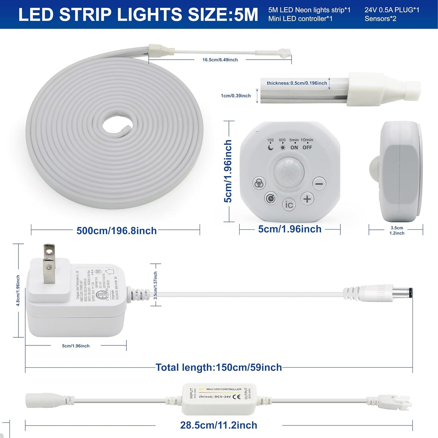 Motion Sensor LED Strip Lights - Chasing Effect Auto ON/Off for Stairs, Bedroom, Under Cabinet - 16.4ft White, Intelligent Motion Sensor Stair Lights