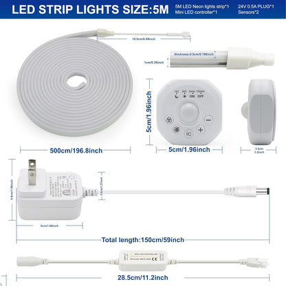 Motion Sensor LED Strip Lights - Chasing Effect Auto ON/Off for Stairs, Bedroom, Under Cabinet - 16.4ft White, Intelligent Motion Sensor Stair Lights