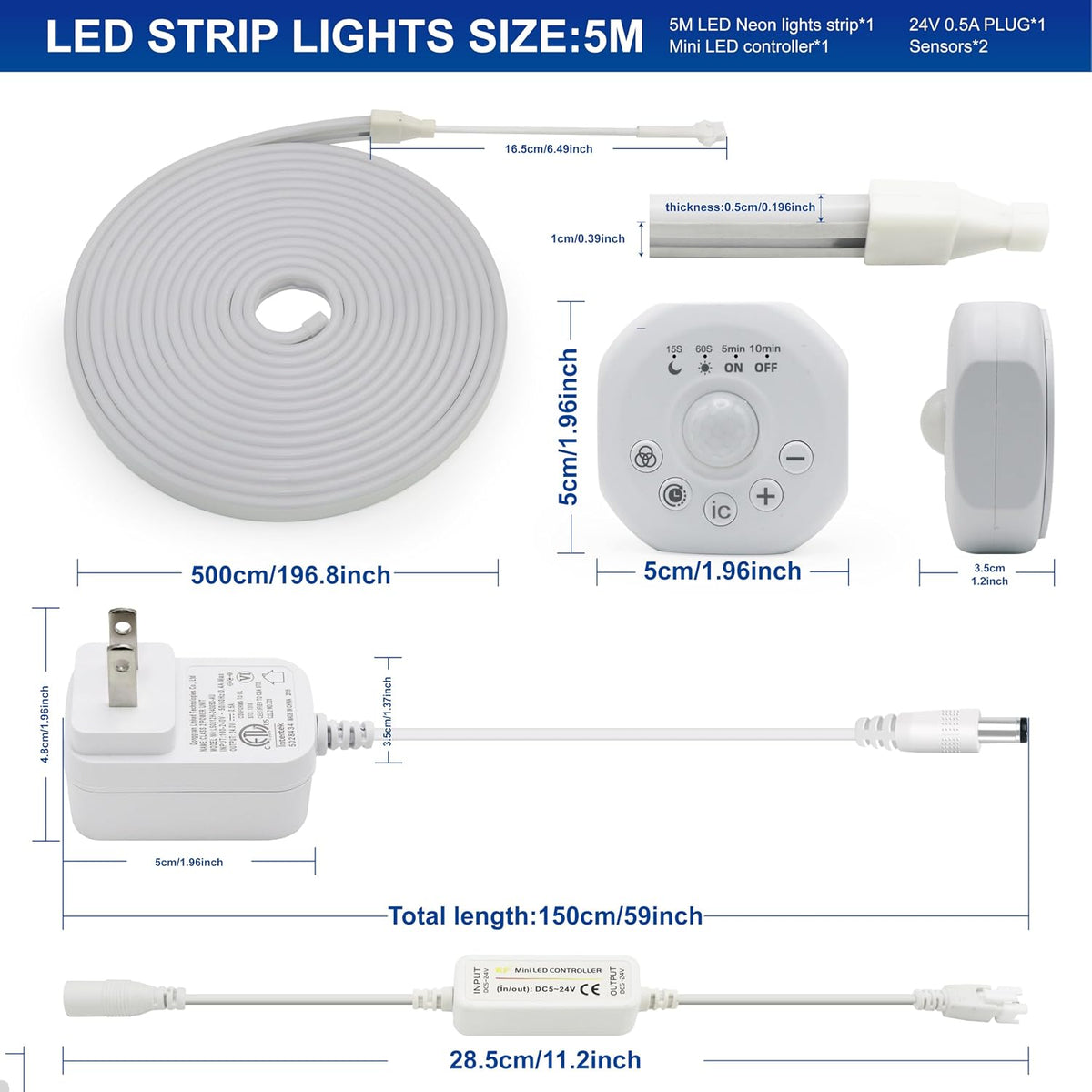 Motion Sensor LED Strip Lights - Chasing Effect Auto ON/Off for Stairs, Bedroom, Under Cabinet - 16.4ft White, Intelligent Motion Sensor Stair Lights