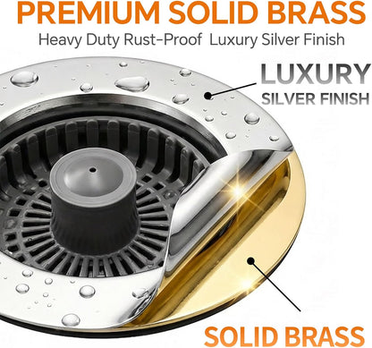 Solid Brass Body 3-in-1 Kitchen Sink Drain Strainer & Stopper, Heavy Duty Pop Up Plug Assembly with 2 Baskets, Anti-Clog Replacement for US Standard 3-1/2 Inch Drains, Rust-Proof Silver