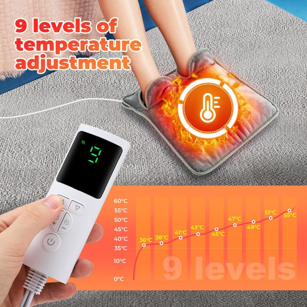 Electric Foot Warmer Heating Pad with 9 Temperature Levels & 4 Timers, Ultra-Soft Washable Heated Foot Mat with LCD Remote Control, Portable Heated Pad for Full Body Back Shoulder Pain Relief